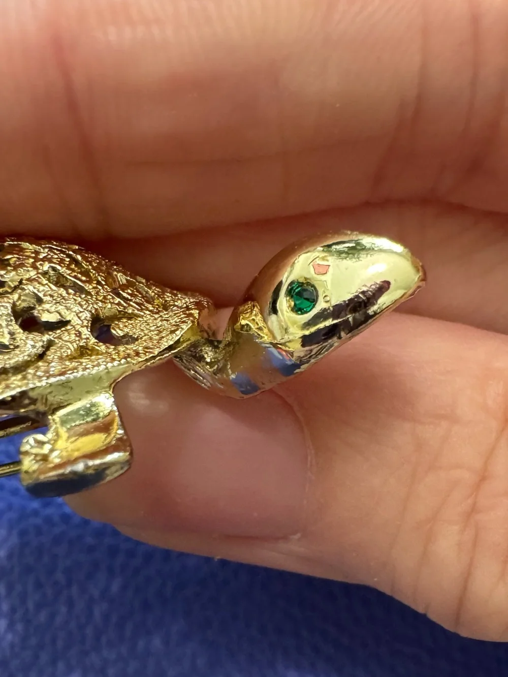 Gold-tone Turtle Decorative Reptile Brooch with Green Eyes